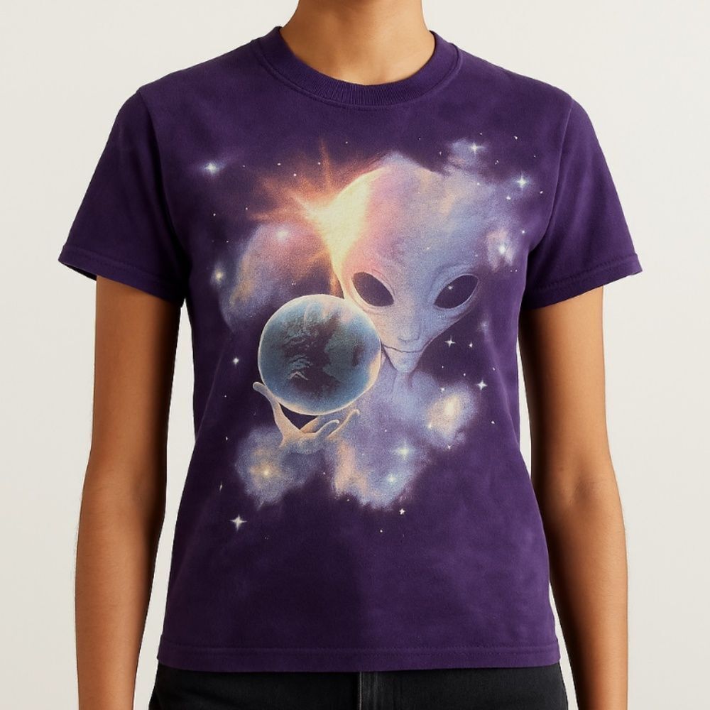 The Mountain Alien Galaxy Graphic Tee Purple Tie Dye Space Earth Print Shirt Sma